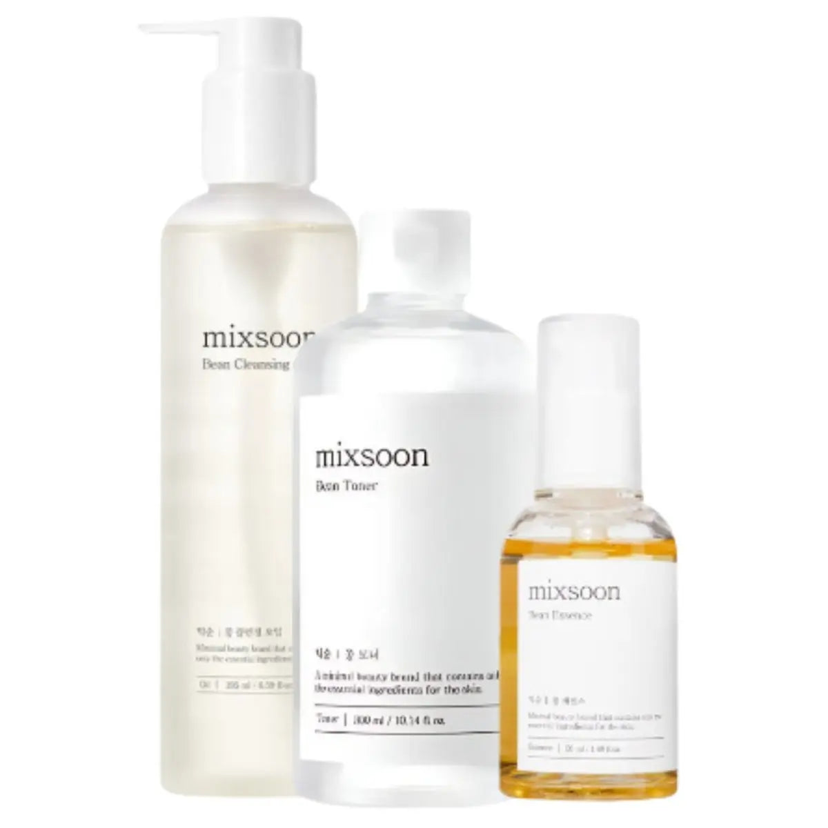 Mixsoon Bean Cleansing Oil, Been Essence, and Toner set with serum, featuring skincare bottles and packaging in a clean, minimal design.
