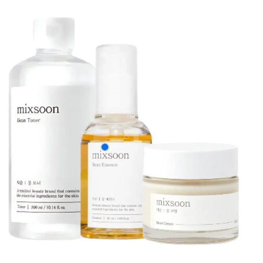 Mixsoon Bean Essence, Bean Cream, and Bean Toner set featuring serum, toner, and cream for nourishing skin.