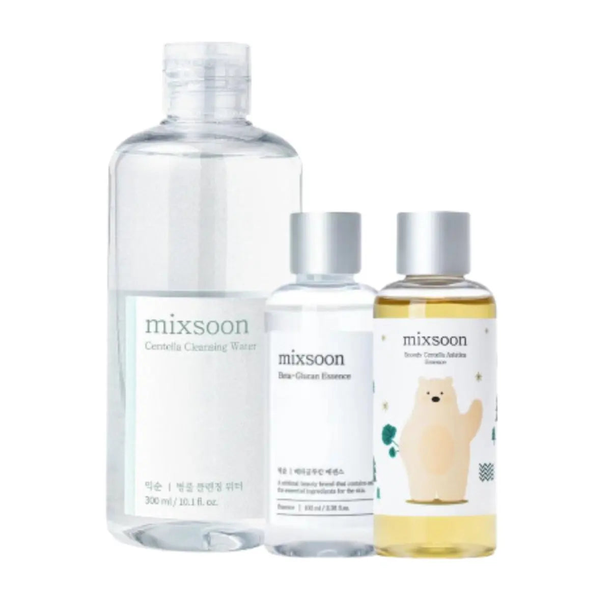 Mixsoon cleansing water, glucan essence, and centella asiatica essence in a skincare set with bottles and applicators.