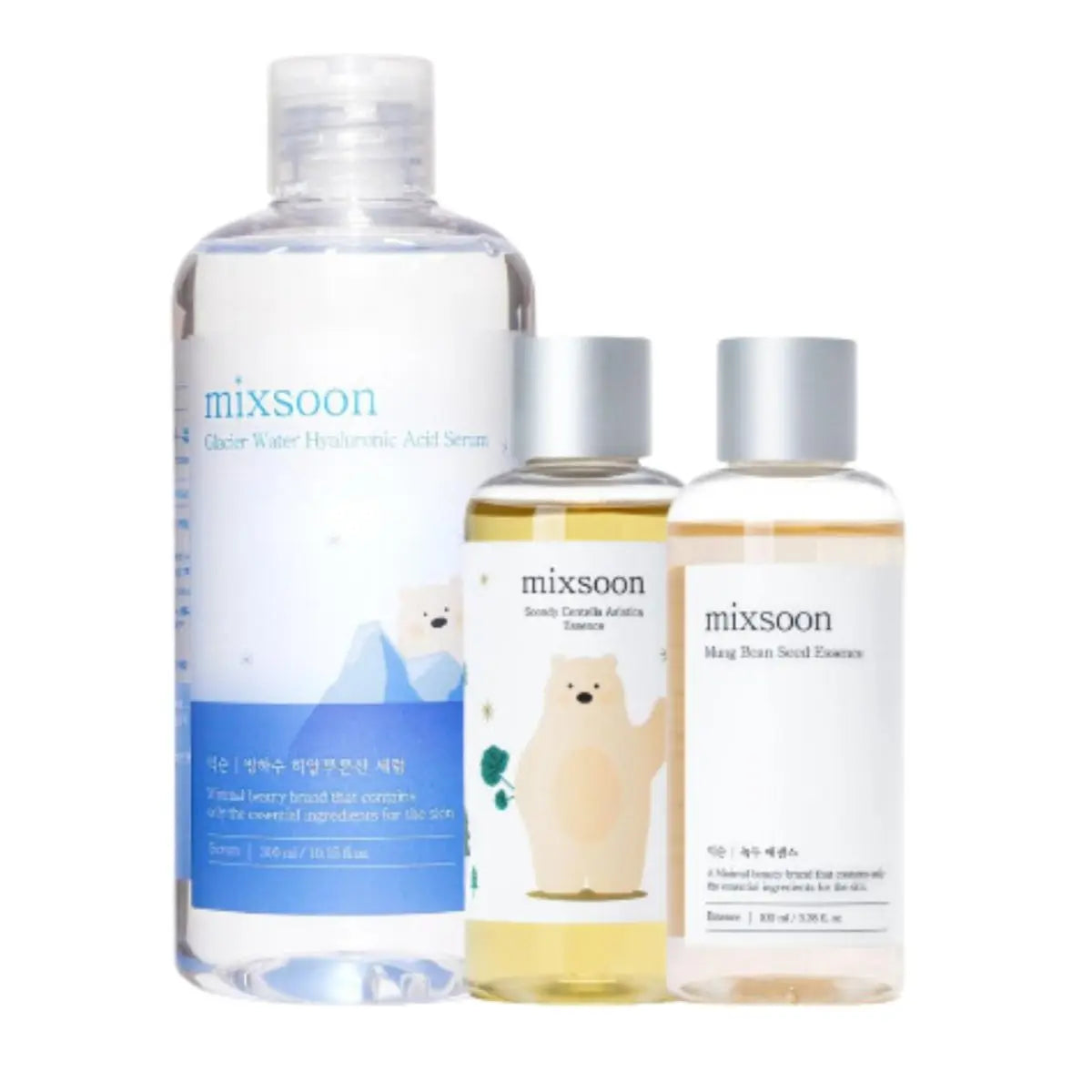 Mixsoon Water Hyaluronic Acid, Centella Asiastica & Bean Essence set with skincare bottles and ingredients in clear containers