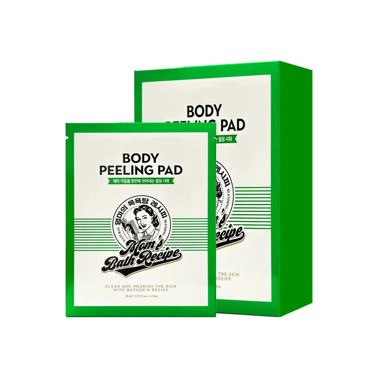 Mom's Bath Recipe body peeling pads, 8 sheets, exfoliating body scrub for smooth skin, in a compact pack.