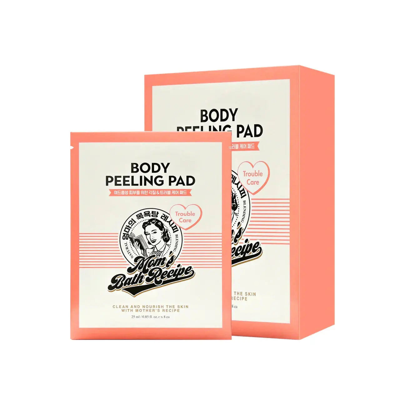 Mom's Bath Recipe body peeling pad pack with 8 sheets, featuring exfoliating body scrub for smooth skin.