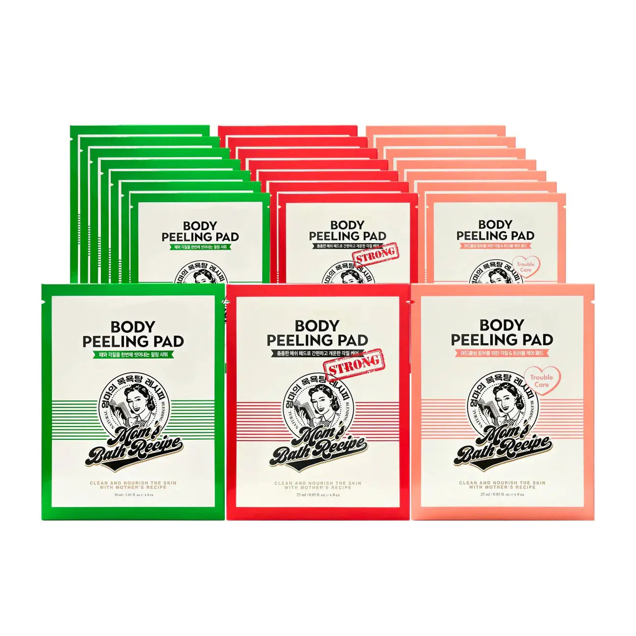 Mom's Bath Recipe body peeling pad pack with 8 sheets, showing textured exfoliating body scrub pads in a colorful package.