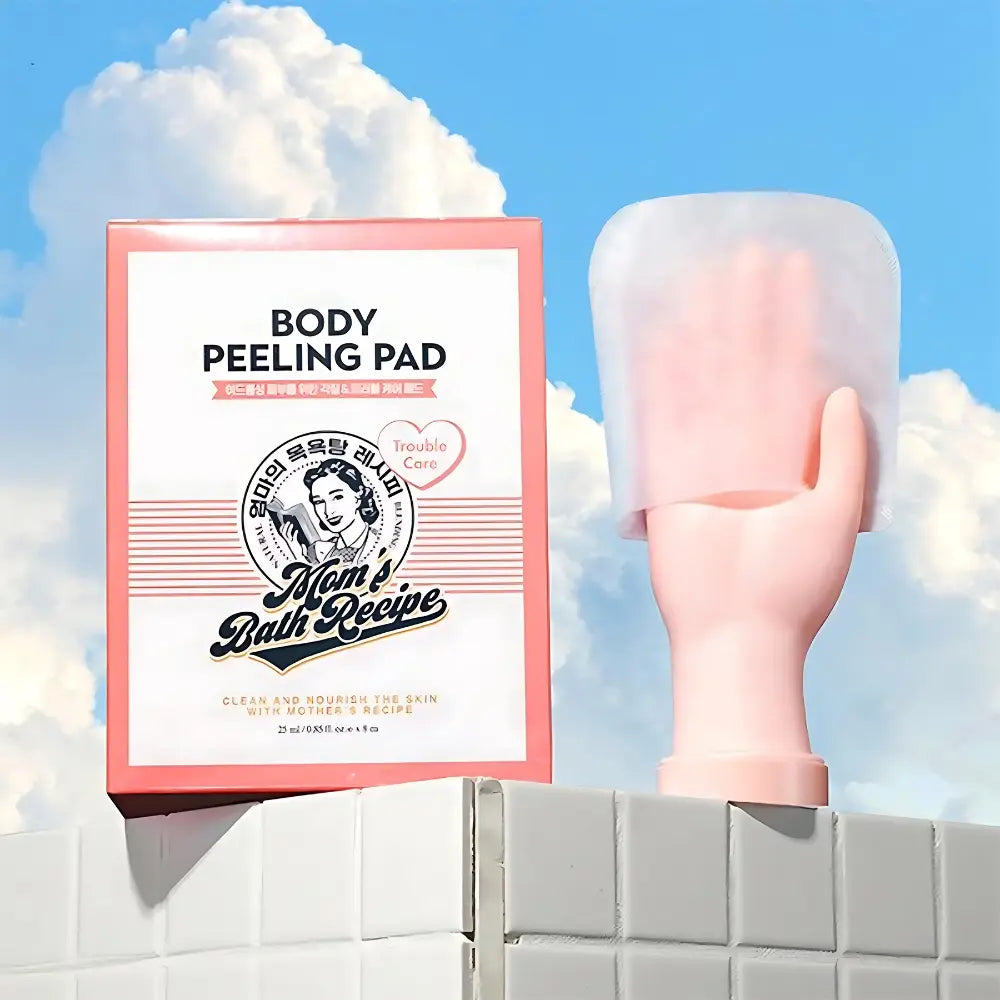 Mom's Bath Recipe body peeling pad pack with 8 exfoliating sheets, designed for smooth, refreshed skin.