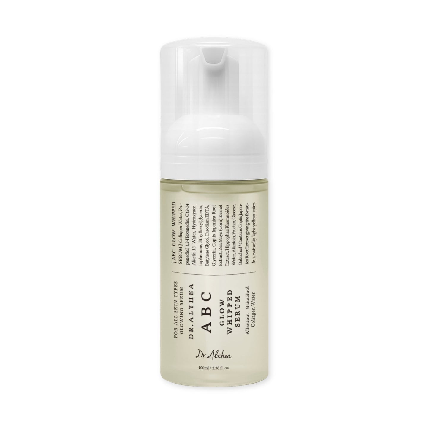 DR ALTHEA ABC Glow Whipped Serum 100ml jar with white cream texture and pump dispenser, skincare product for brightening and hydration