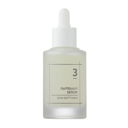 Numbuzin No.3 Skin Softening Serum in a clear bottle with a pump dispenser, designed to improve skin texture and softness.