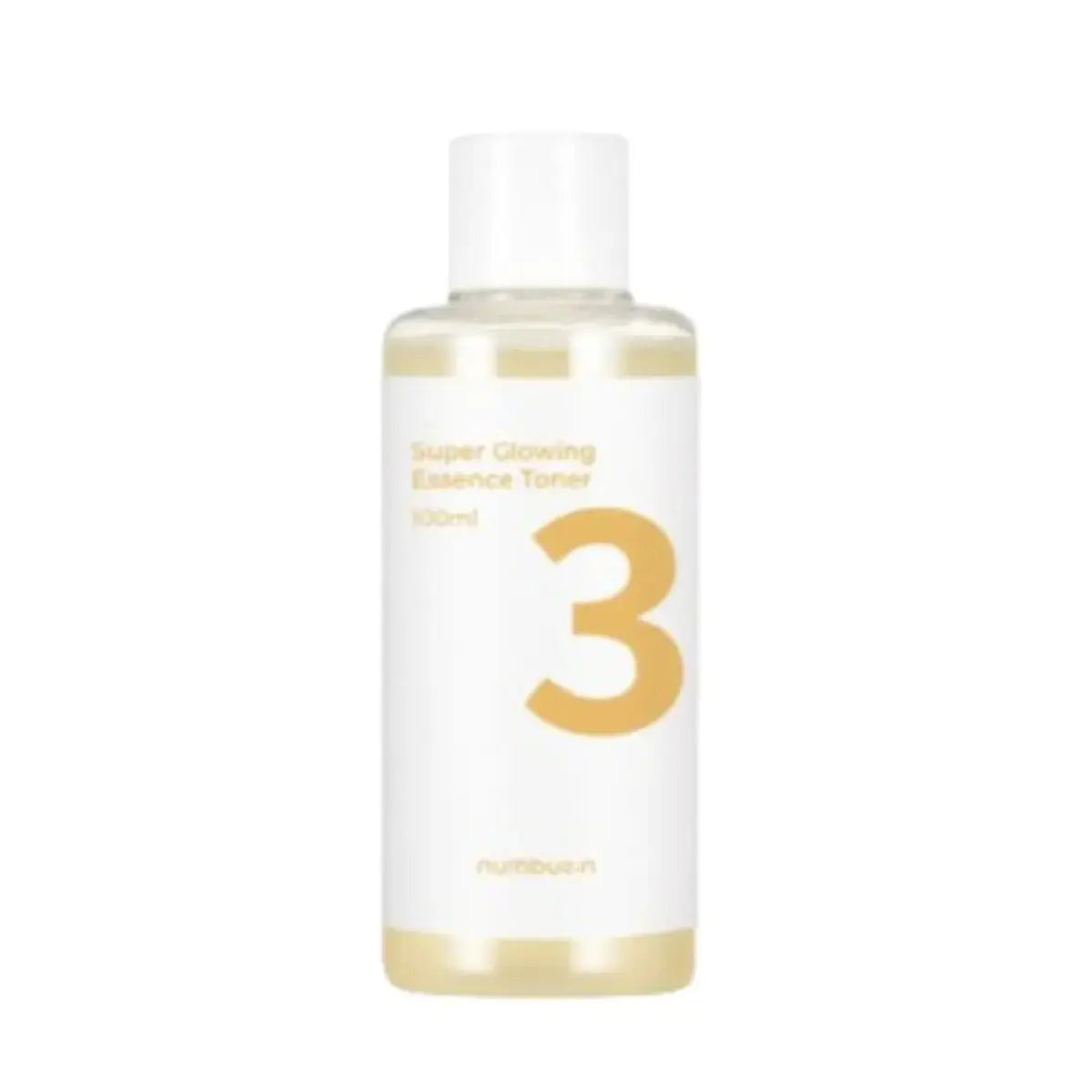 Numbuzin No.3 Super Glowing Essence Toner 100ml bottle with clear, sleek packaging and a minimalist design.