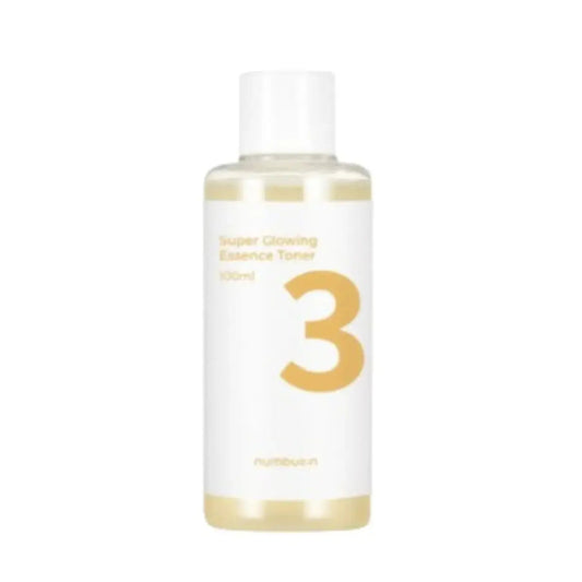 Numbuzin No.3 Super Glowing Essence Toner 100ml bottle with clear, sleek packaging and a minimalist design.
