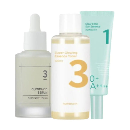 Numbuzin Super Glowing Essence Toner, skin-softening serum, and clear filter sunblock set with bottles and packaging images.