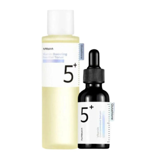 Numbuzin Vitamin Concentrated Serum and Boosting Essence Toner in a sleek bottle, designed for skincare and hydration.
