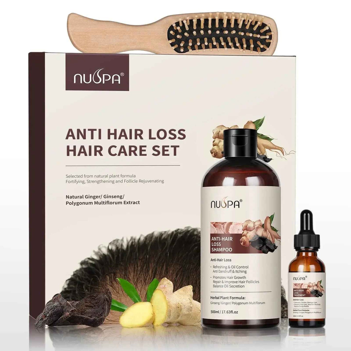 NUSPA Anti Hair Loss Hair Care Set with Herbal Shampoo, Serum & Massage Comb