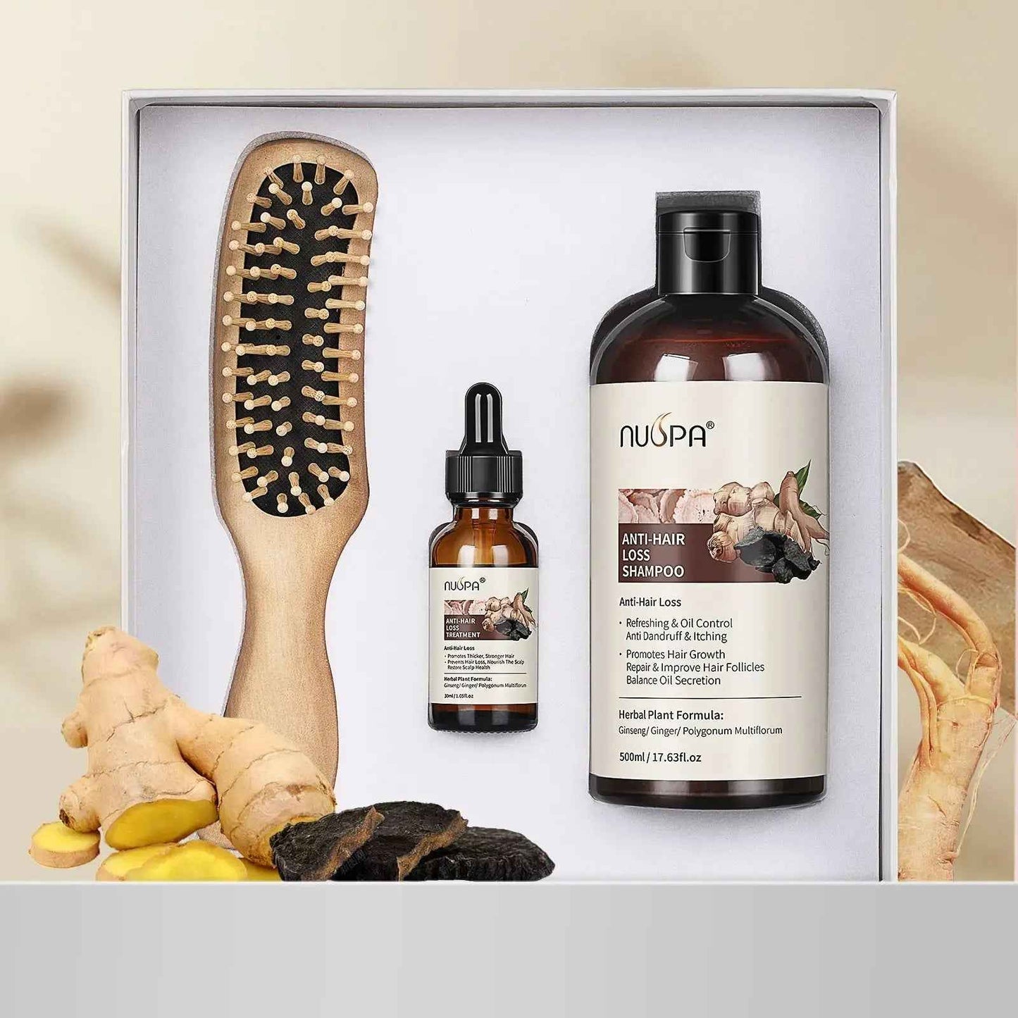 NUSPA Anti Hair Loss Hair Care Set with Herbal Shampoo, Serum & Massage Comb