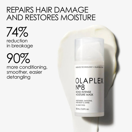 OLAPLEX Nº.8 Bond Intense Moisture Mask bottle, 150 ml, in a professional retail display, showcasing sleek packaging and branding.