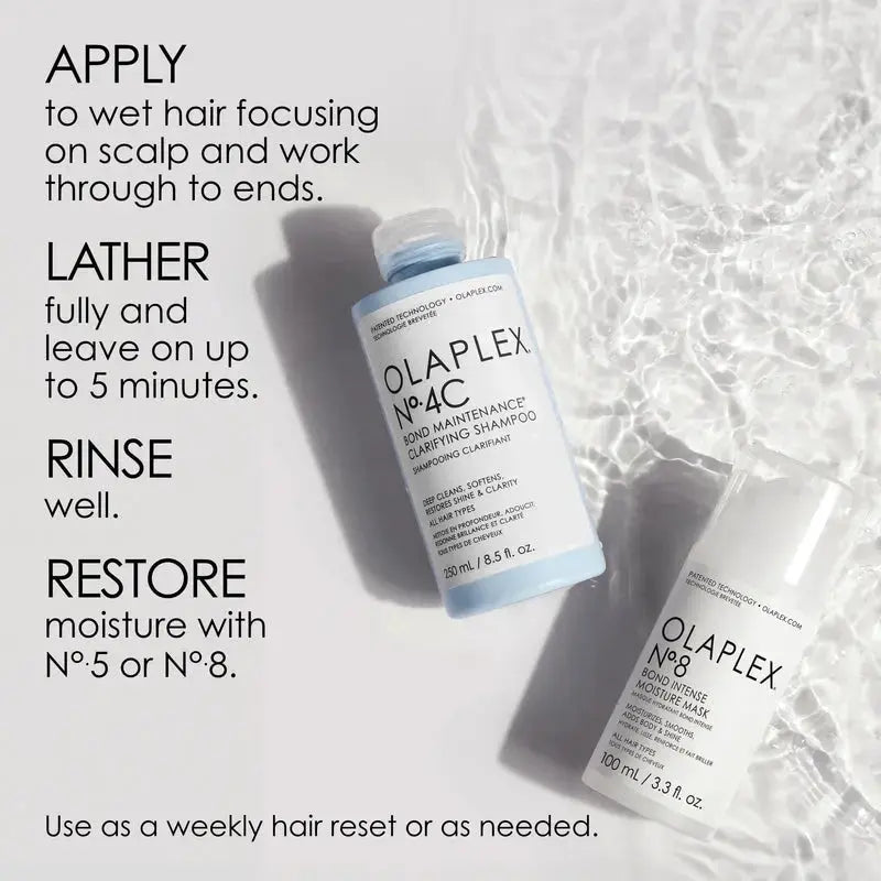 OLAPLEX No. 4C Bond Maintenance Clarifying Shampoo 250ml bottle showing the shampoo's label and clear liquid inside