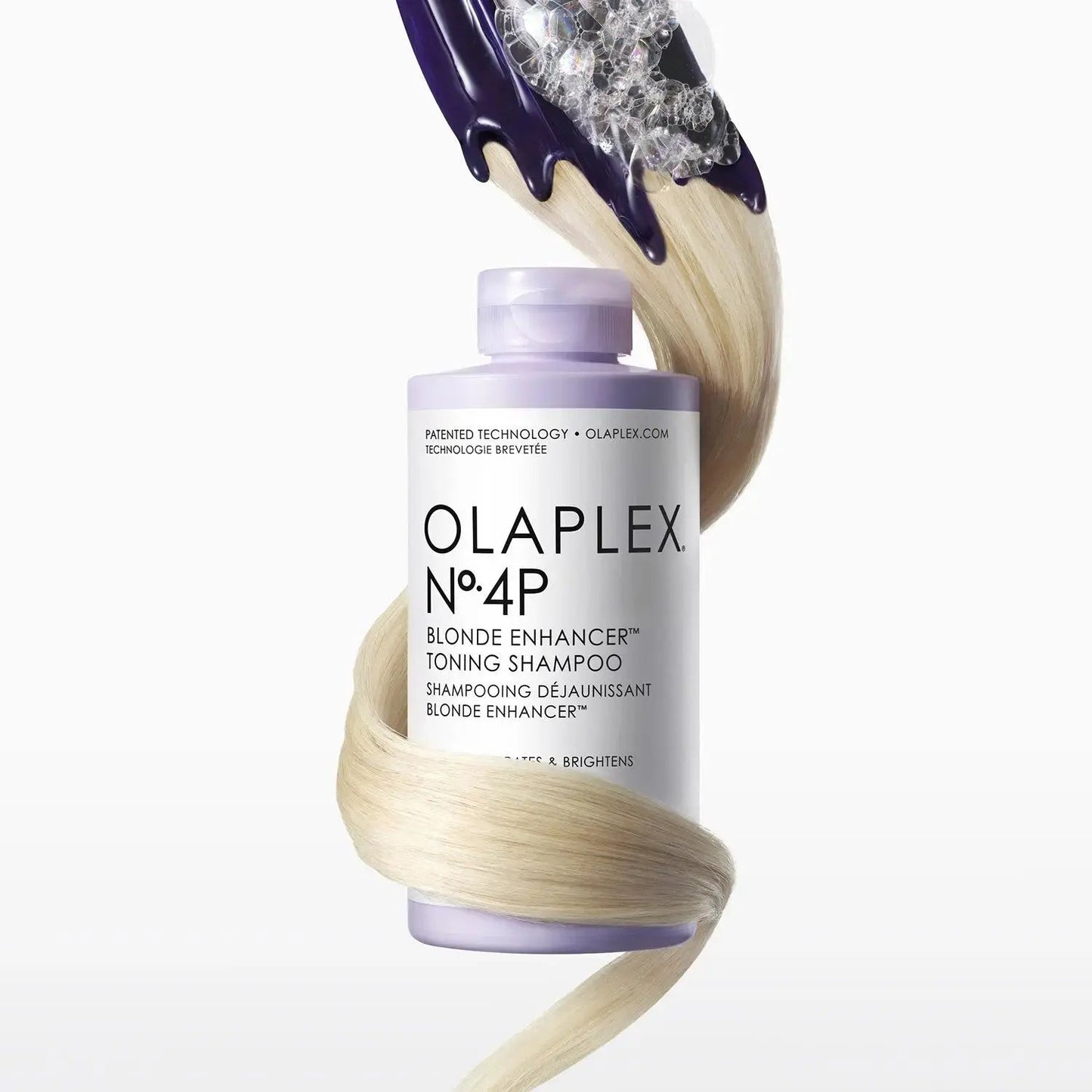OLAPLEX No. 4P Blonde Enhancer Toning Shampoo 250 ML bottle with white and purple label, designed for blonde hair toning.