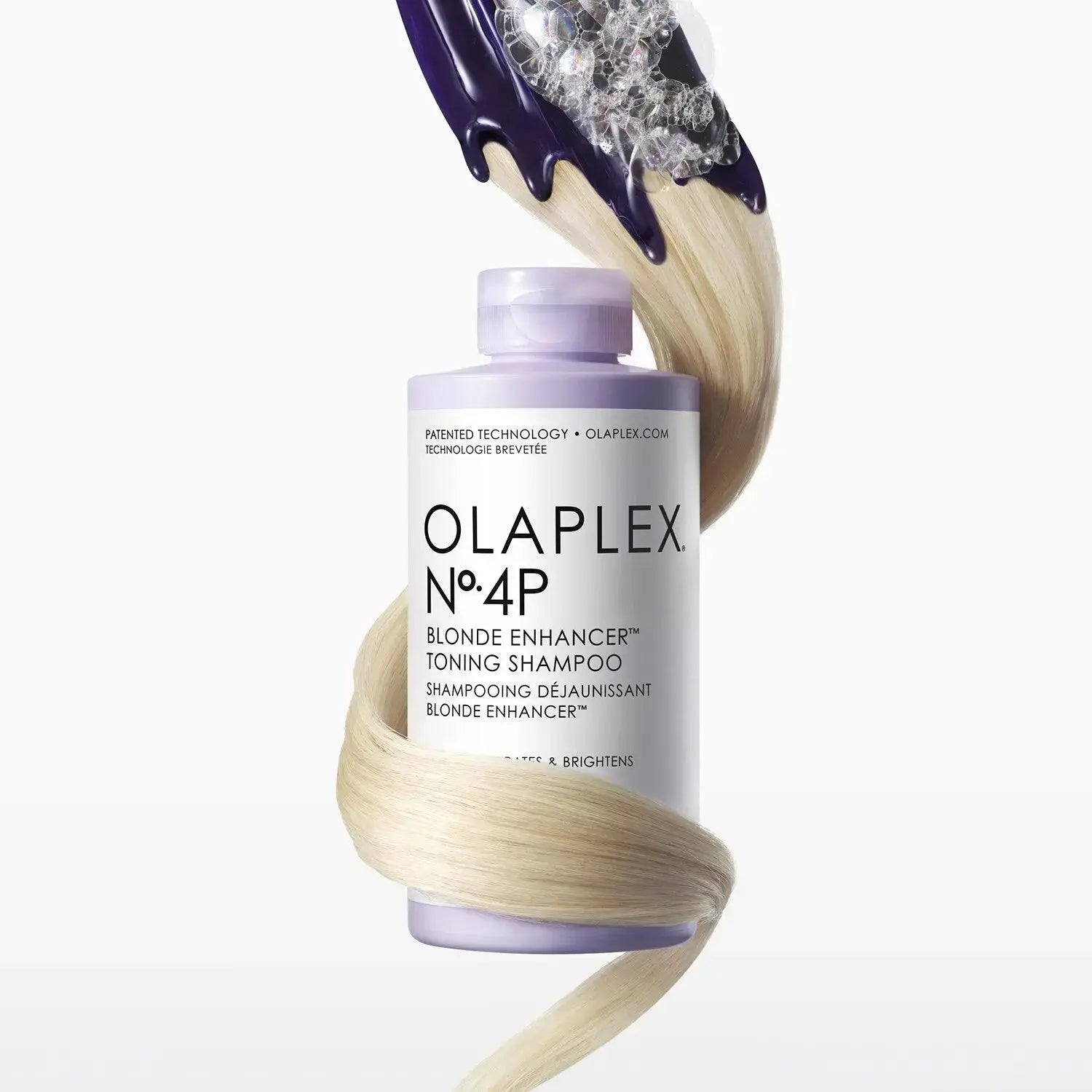 OLAPLEX No. 4P Blonde Enhancer Toning Shampoo 250 ML bottle with white and purple label, designed for blonde hair toning.