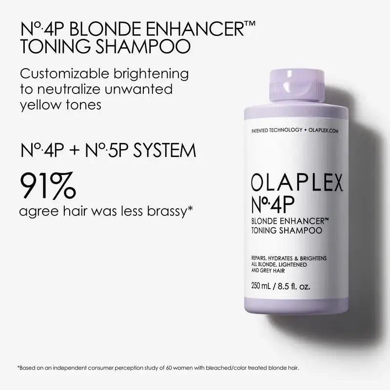 OLAPLEX No. 4P Blonde Enhancer Toning Shampoo bottle, 250ml, with purple tint and sleek packaging, designed for blonde hair toning.