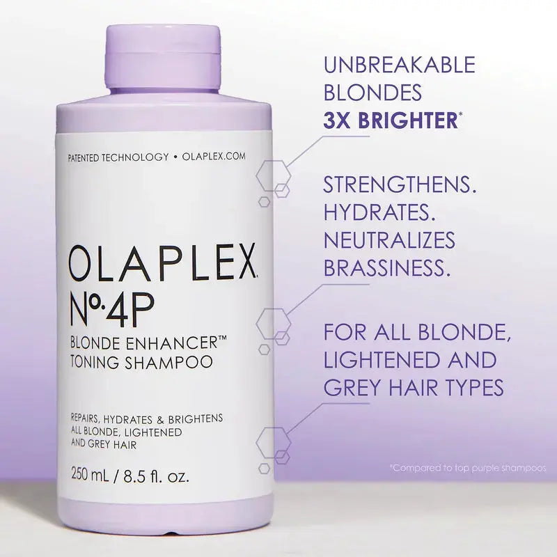 OLAPLEX No. 4P Blonde Enhancer Toning Shampoo 250ml bottle, designed to tone and refresh blonde hair with violet formula.
