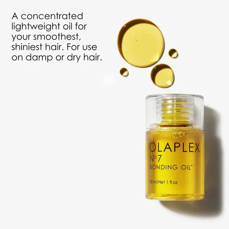 OLAPLEX No. 7 Bonding Oil 30ml bottle showing sleek packaging and dropper applicator for hair shine and repair.