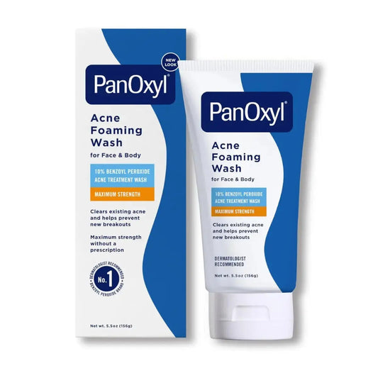 Panoxyl Acne Foaming Wash 156g in a white bottle with a pump dispenser, designed to cleanse acne-prone skin gently.