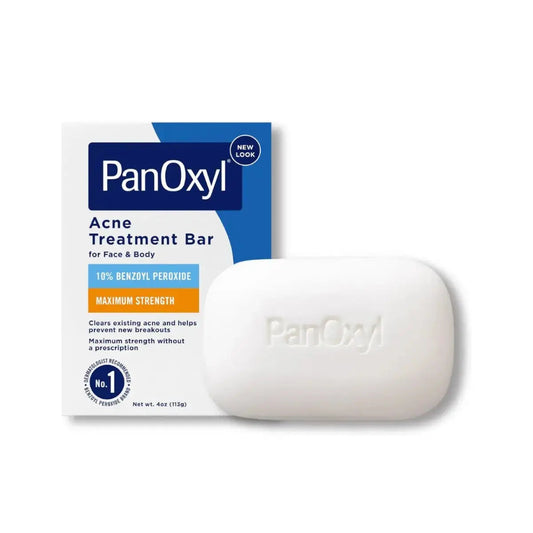 Panoxyl Acne Treatment Bar 113g, white treatment bar with branding, designed for acne-prone skin.