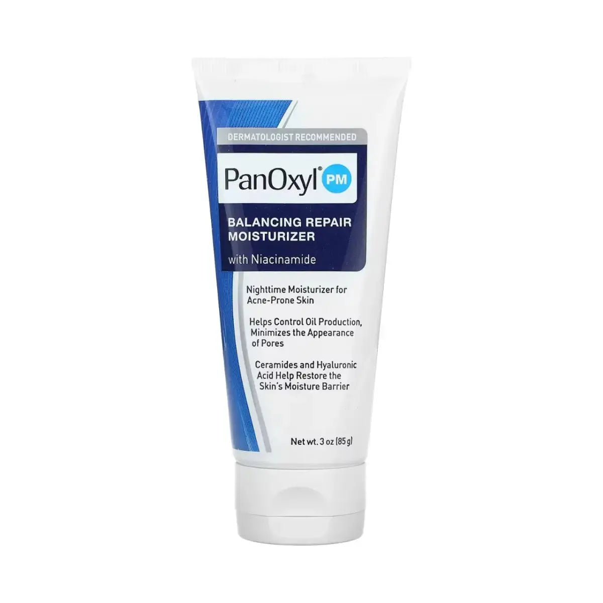 Panoxyl Balancing Repair Moisturizer in 85g jar, featuring a smooth cream texture for skin hydration and repair.