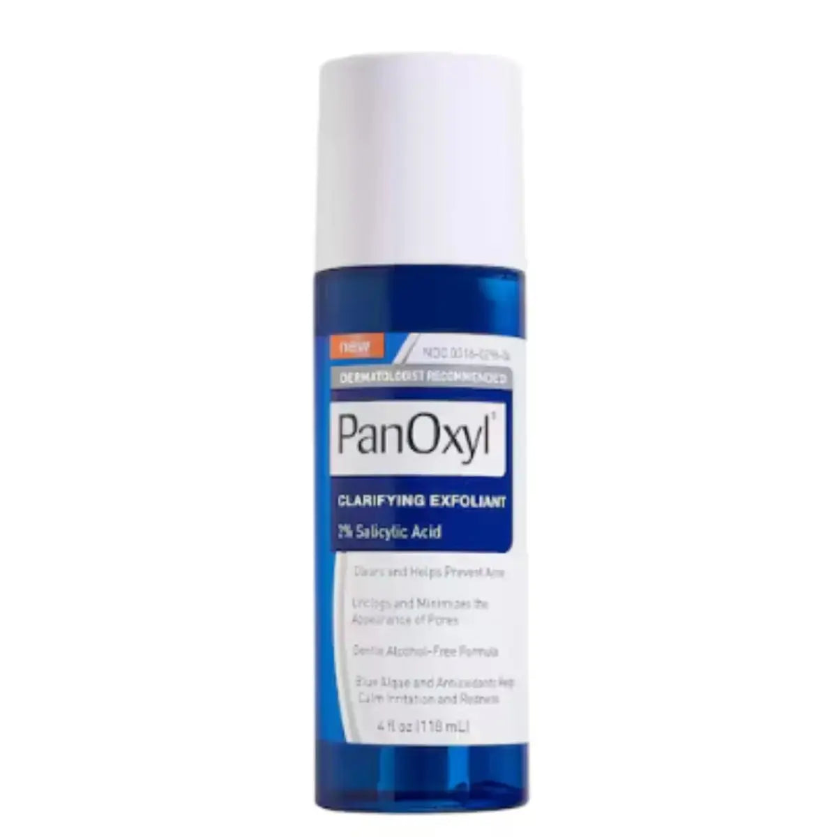 Panoxyl Clarifying Exfoliant with 2% Salicylic Acid in a 118 ml bottle, gentle exfoliator for acne-prone skin.