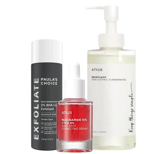 Paula's Choice and Anua serum and cleanser set featuring skin perfecting serum, niacinamide, TXA, and Heartleaf pore control cleansing oil.