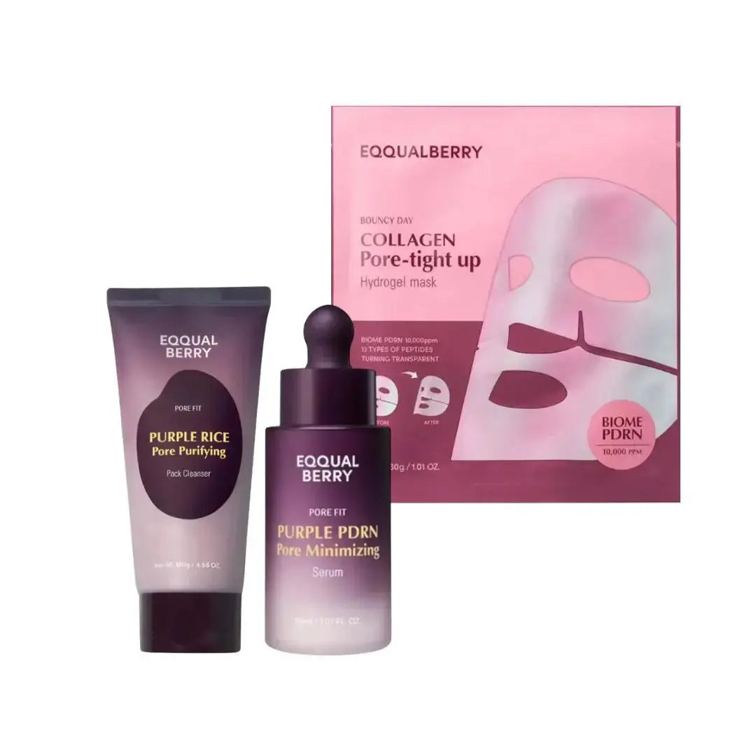 EQQUALBERRY Pore Perfection Trio with deep clean, tightening, and glowing skincare products in sleek containers.