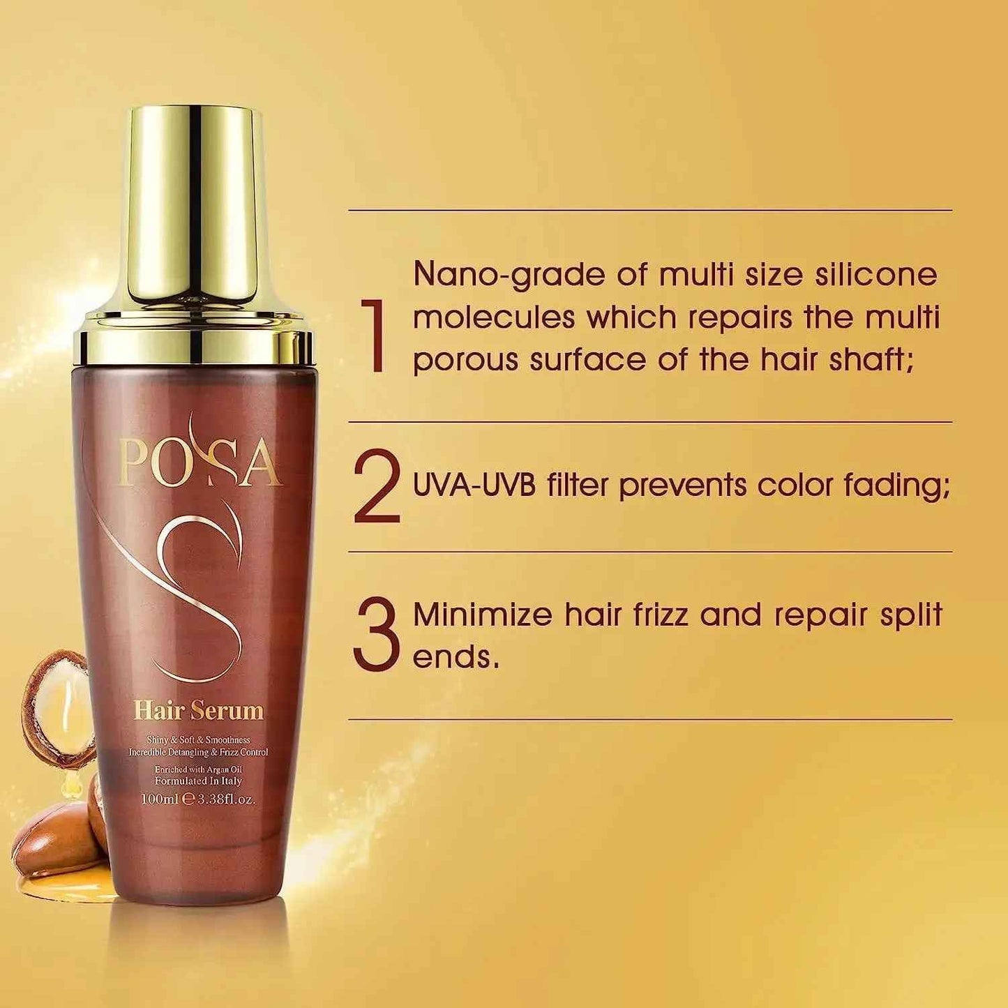 POSA 30 Seconds Rescue Smooth Hair Serum, Intense Moisture Argan Hair Oil for Dry Damaged, Silk Hair Oil,Hydrating Nature Keratin Infused for Curly Hair,Frizzy Daily Deep Moisturizing Hair Treatment Oil