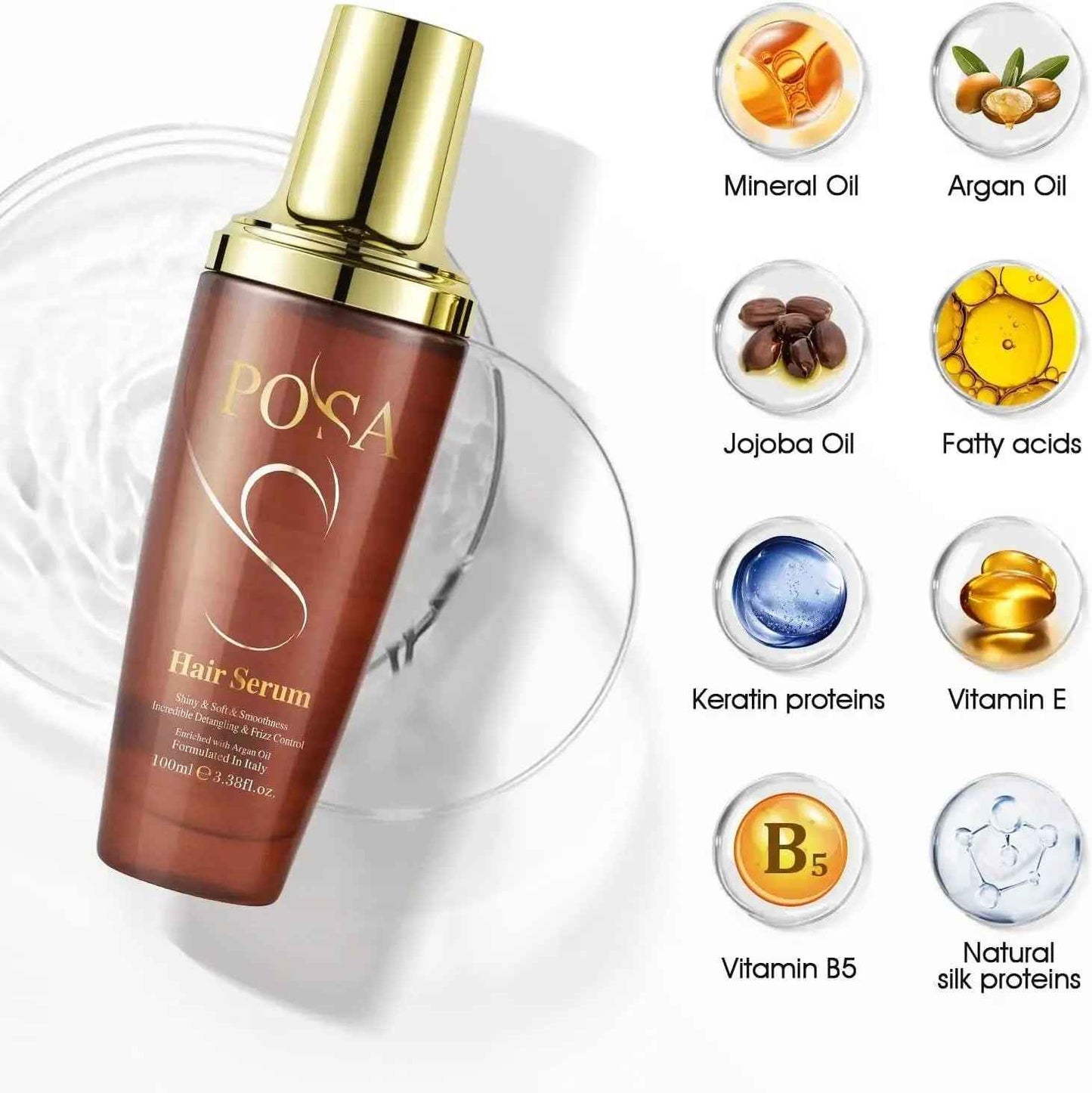POSA 30 Seconds Rescue Smooth Hair Serum, Intense Moisture Argan Hair Oil for Dry Damaged, Silk Hair Oil,Hydrating Nature Keratin Infused for Curly Hair,Frizzy Daily Deep Moisturizing Hair Treatment Oil