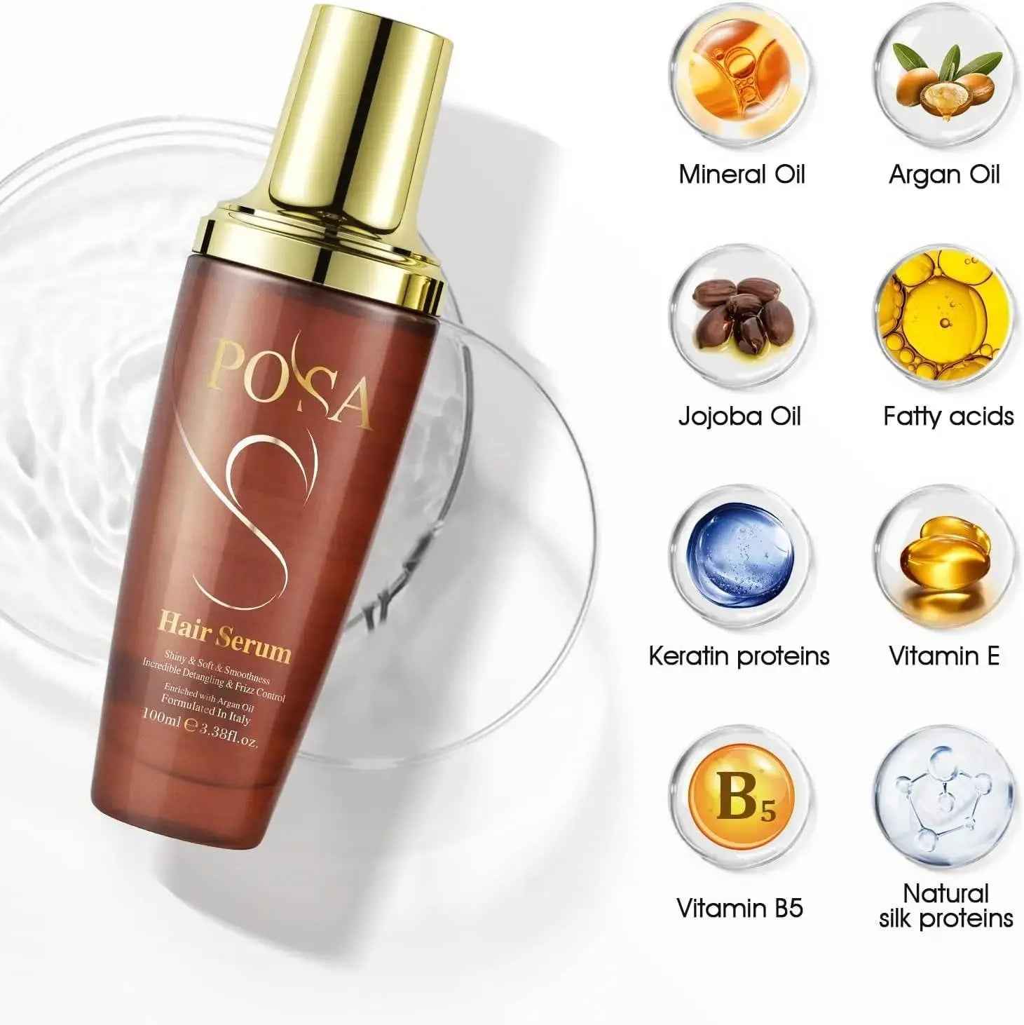 POSA 30 Seconds Rescue Smooth Hair Serum, Intense Moisture Argan Hair Oil for Dry Damaged, Silk Hair Oil,Hydrating Nature Keratin Infused for Curly Hair,Frizzy Daily Deep Moisturizing Hair Treatment Oil