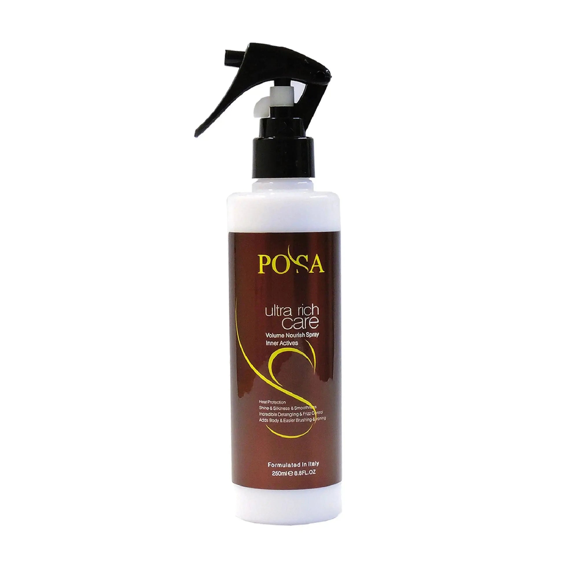 POSA Ultra Rich Care hair treatment with heat protector in 250 ml bottle, designed for nourishing and protecting hair during styling.