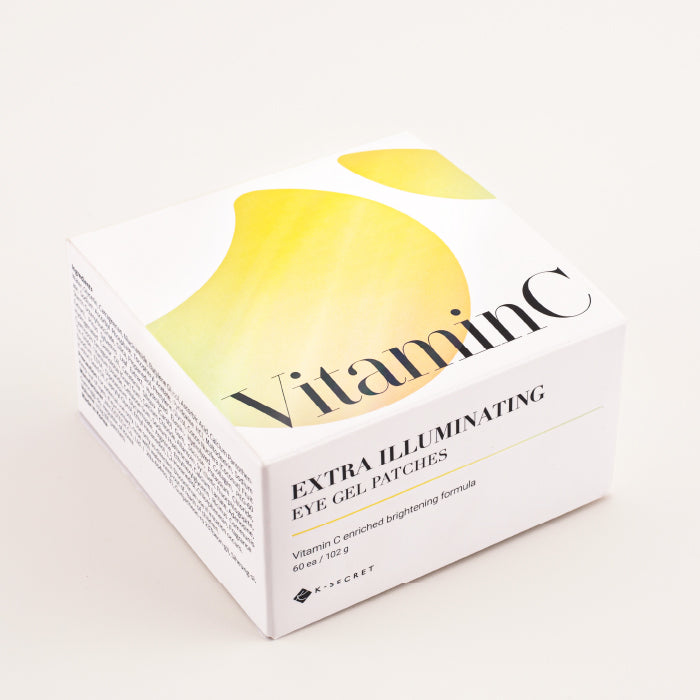 K-SECRET Vitamin C eye gel patches showing transparent patches with brightening serum for under-eye refreshment.