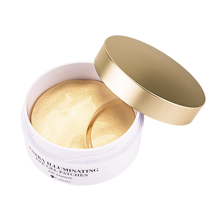 Open K-SECRET Extra Illuminating Eye Gel Patches with Vitamin C, nourishing eye care treatment for bright, refreshed eyes.