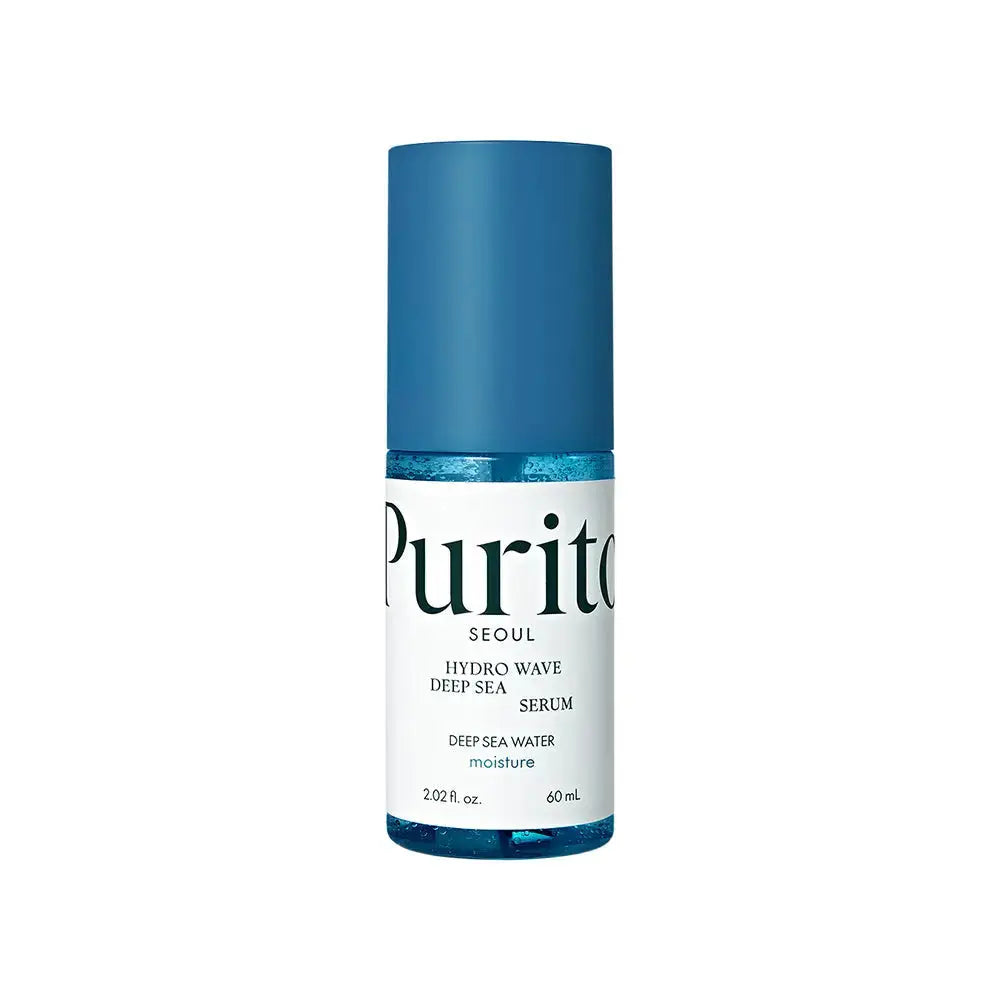 PURITO Hydro Wave Deep Sea Serum in a 60 ml bottle, featuring a sleek blue design and dropper applicator for skincare.