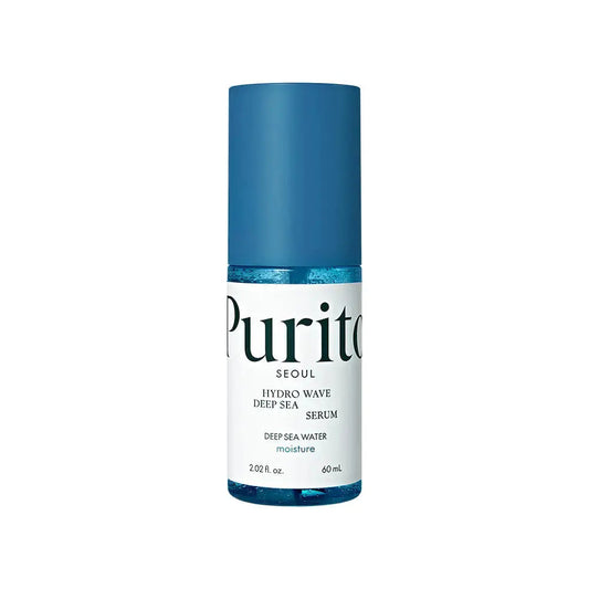 PURITO Hydro Wave Deep Sea Serum in a 60 ml bottle, featuring a sleek blue design and dropper applicator for skincare.