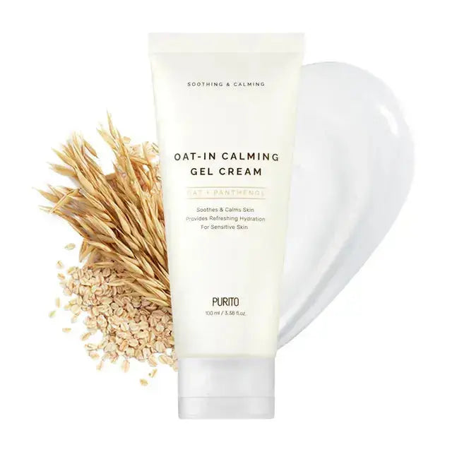 Purito Seoul Oat-in Calming Gel Cream 100 ml, soothing moisturizer with oat extract, in a white jar with a blue lid.