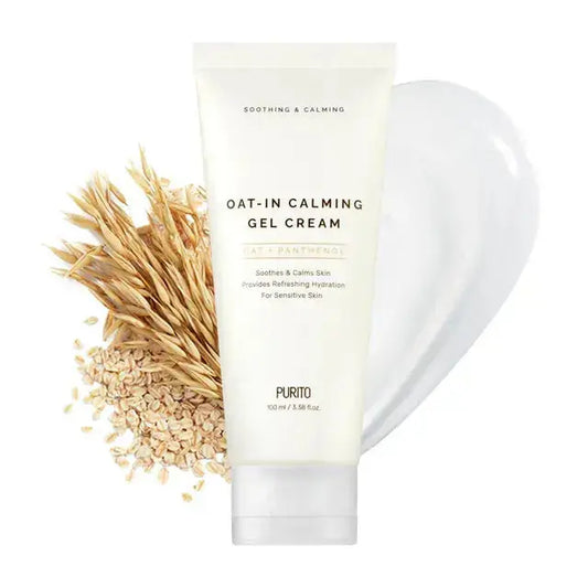 Purito Seoul Oat-in Calming Gel Cream 100 ml, soothing moisturizer with oat extract, in a white jar with a blue lid.