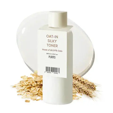 Bottle of PURITO Oat-in Silky Toner by PURITO SEOUL, 200ml, showing the product label and clear liquid inside
