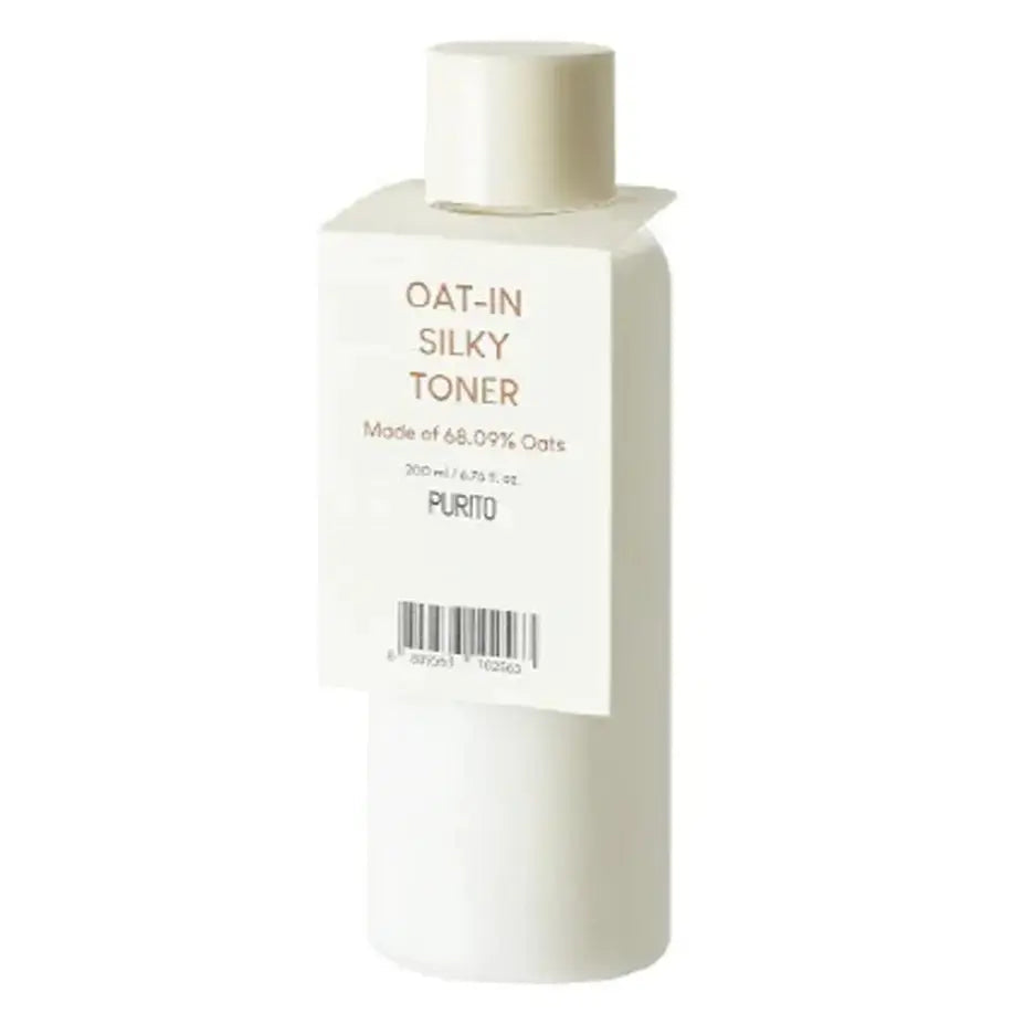 PURITO Oat-in Silky Toner 200ml in a clear bottle, showing the soothing toner designed for gentle skin hydration and care.