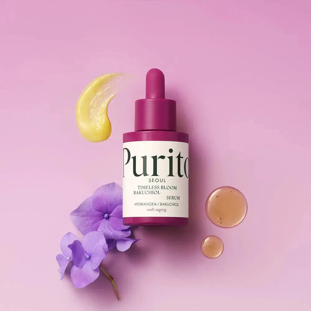 PURITO Timeless Bloom Bakuchiol Serum 30ml bottle, natural skincare serum with plant-based ingredients, in a clear glass container.