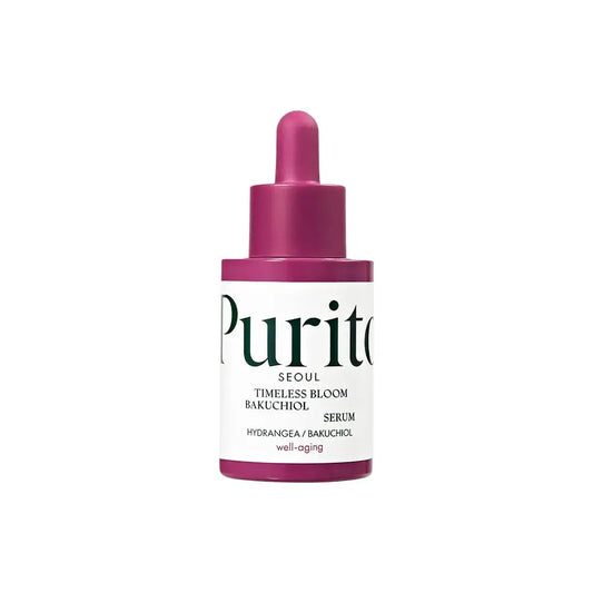 Purito Timeless Bloom Bakuchiol Serum in 30ml bottle, natural skincare serum from PURITO SEOUL with botanical ingredients.