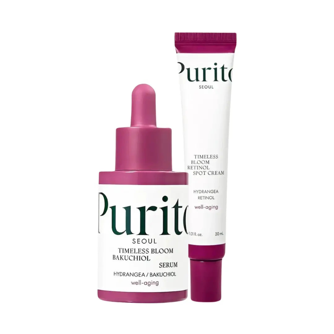 Purito Timeless Bloom Bakuchiol serum and cream set, featuring skincare products in sleek bottles and jars with natural ingredients.