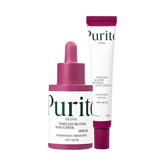 Purito Timeless Bloom Bakuchiol serum and cream set, featuring skincare products in sleek bottles and jars with natural ingredients.
