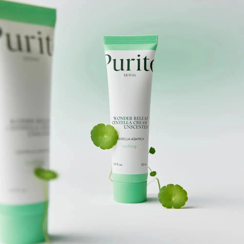 PURITO Wonder Releaf Centella Cream Unscented 50ml moisturizer, featuring soothing centella for calm, healthy skin.