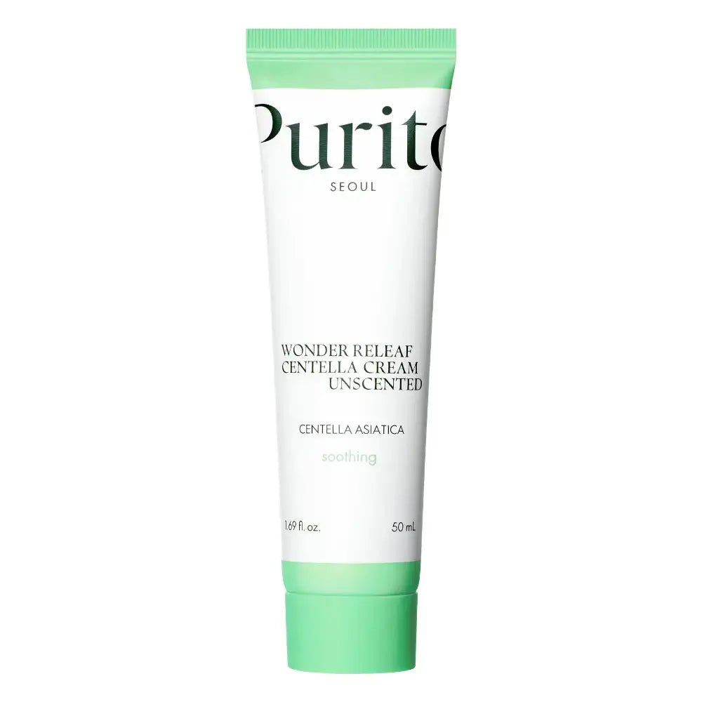Bottle of PURITO Wonder Releaf Centella Cream Unscented moisturizer in a 50 ml jar, designed for soothing and hydrating skin.