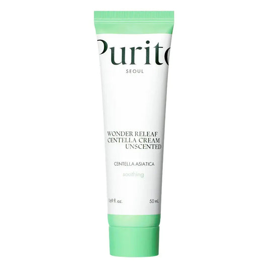 Bottle of PURITO Wonder Releaf Centella Cream Unscented moisturizer in a 50 ml jar, designed for soothing and hydrating skin.
