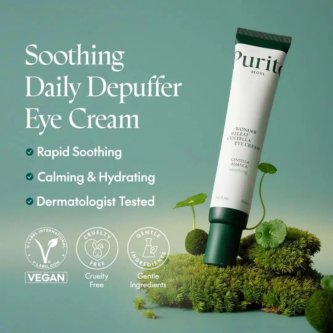 PURITO Wonder Releaf Centella Eye Cream in 30 ml, featuring soothing eye cream with centella extract for revitalized skin.