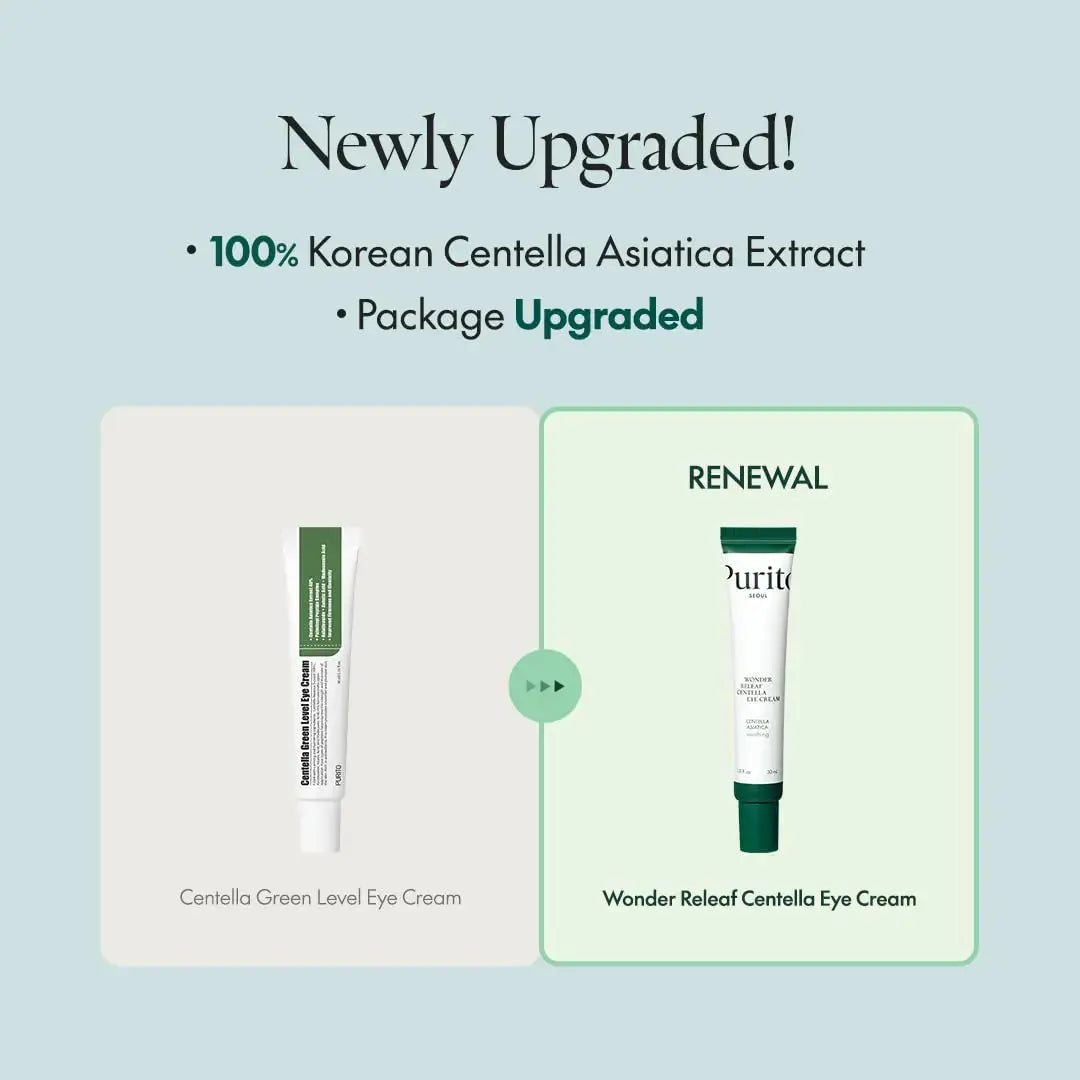 Purito Wonder Releaf Centella Eye Cream 30ml, soothing eye cream in a white jar with a blue lid, designed for eye area hydration.